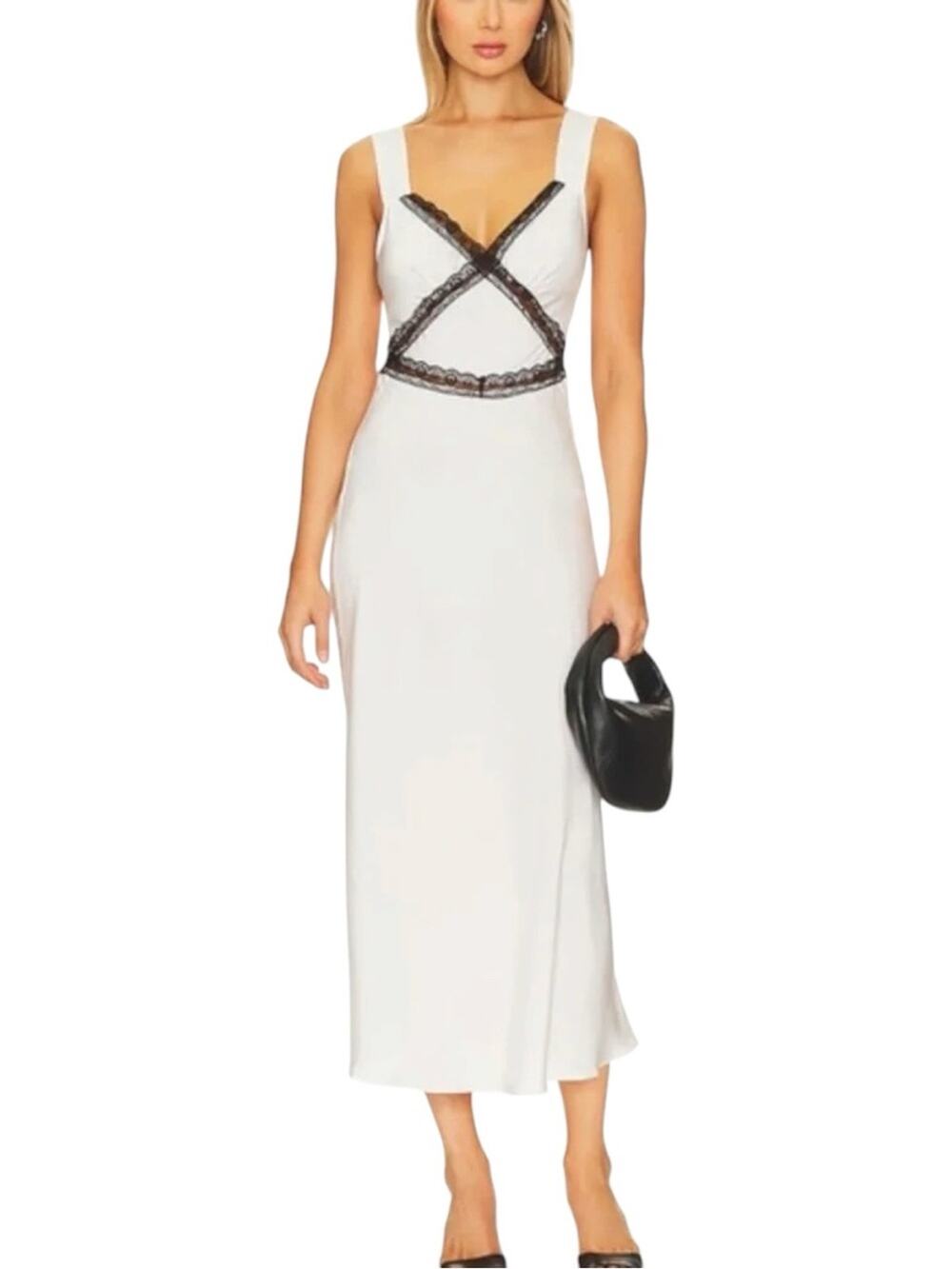Bardot Emory Lace Trim Slip Dress Black/White Sleeveless V-Neck Button Size 8